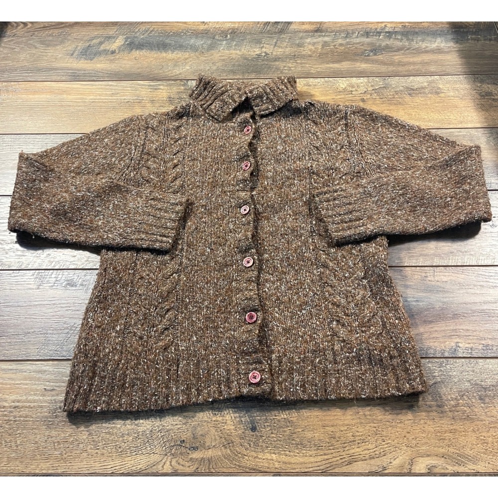 LL Bean Womens L Brown Marled Wool Cable Knit Button Mock Neck Sweater Chunky
